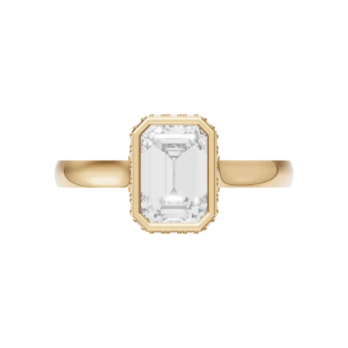 Emerald Cut Diamond Bezel Set Gold Ring Front View